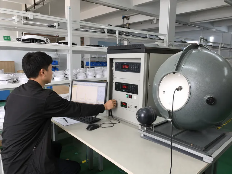 Photometric testing equipment verifying lumen output and color temperature