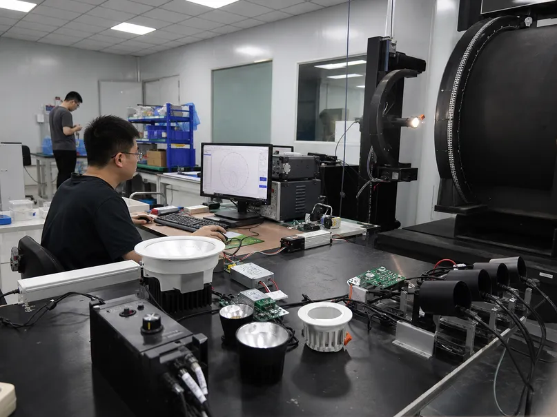 ASCLighting R&D optical lab with prototype lighting fixtures under beam angle testing