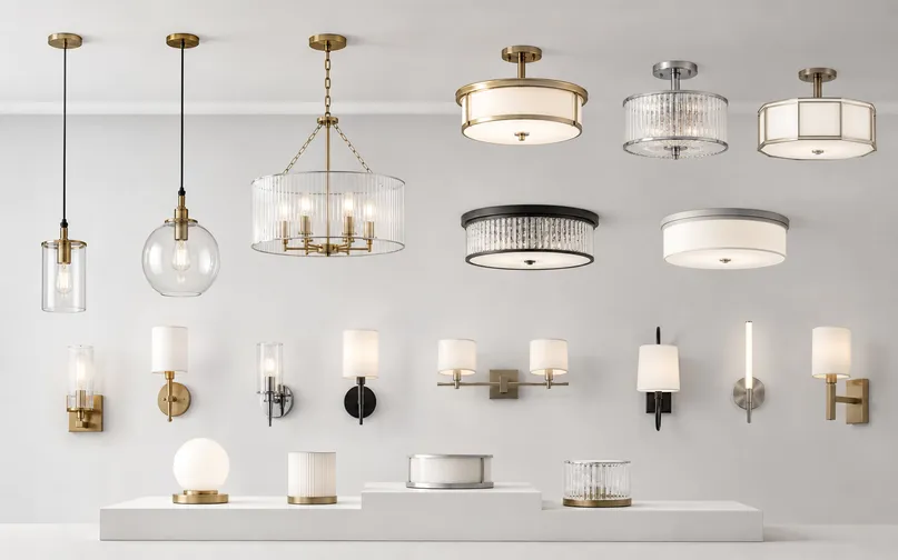 Multiple bedroom lighting fixture types including pendants, ceiling mounts, and wall sconces from a single manufacturing source