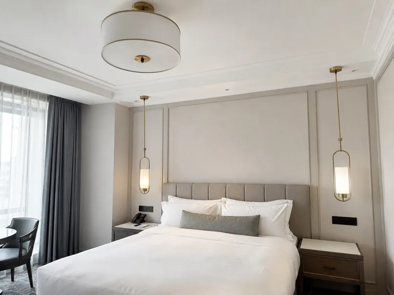 Boutique hotel guest room with coordinated bedside pendants and ceiling fixture from ASCLighting
