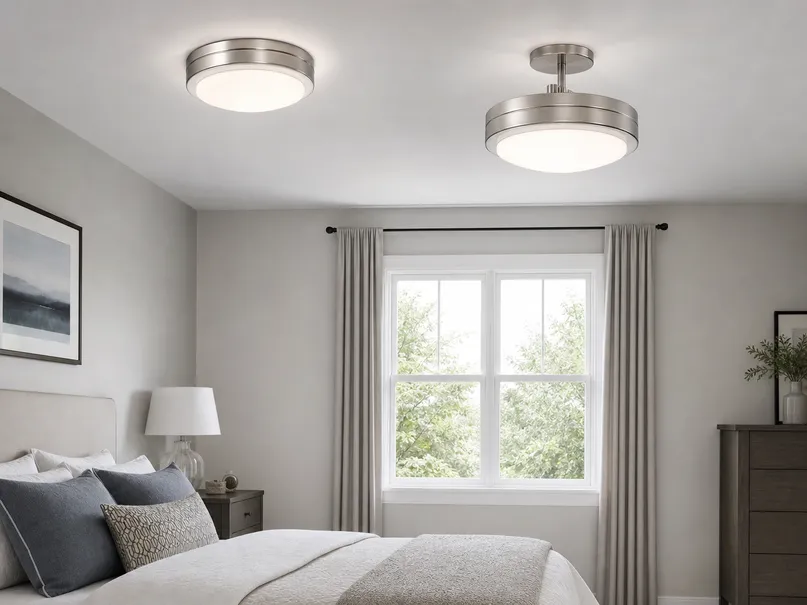 Flush mount and semi-flush ceiling fixtures for bedroom applications showing aluminum housing with brushed nickel finish