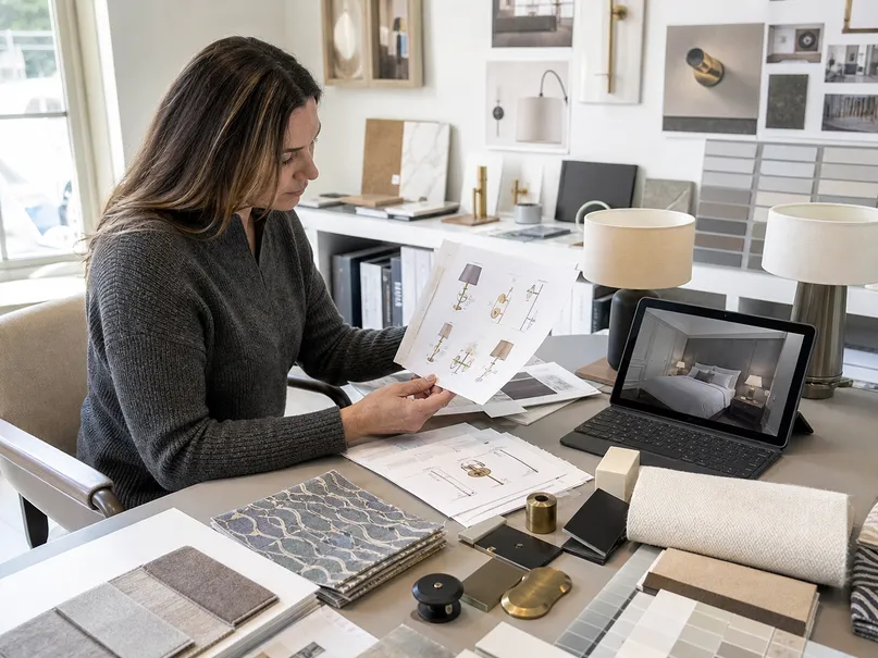 Interior designer reviewing bedroom lighting specifications and finish samples for a residential project