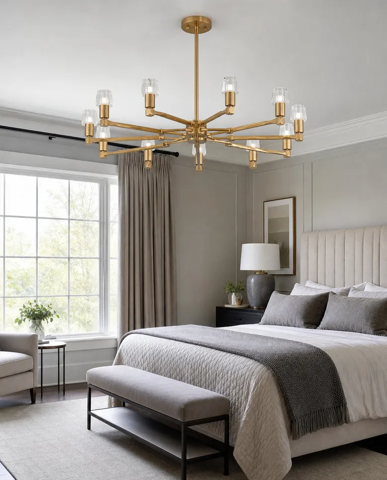 Multi-arm branch chandelier in brushed gold finish for master bedroom applications, showing precision die-cast arm geometry