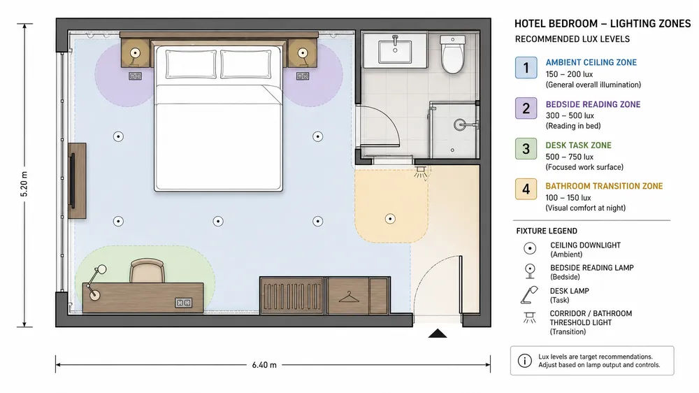 Diagram showing hotel bedroom lighting zones including ambient ceiling, bedside reading, desk task, and bathroom transition areas