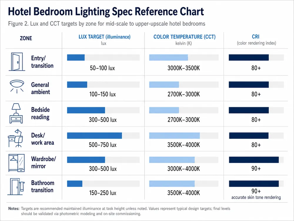 Reference chart showing lux levels and color temperature targets for each hotel bedroom lighting zone