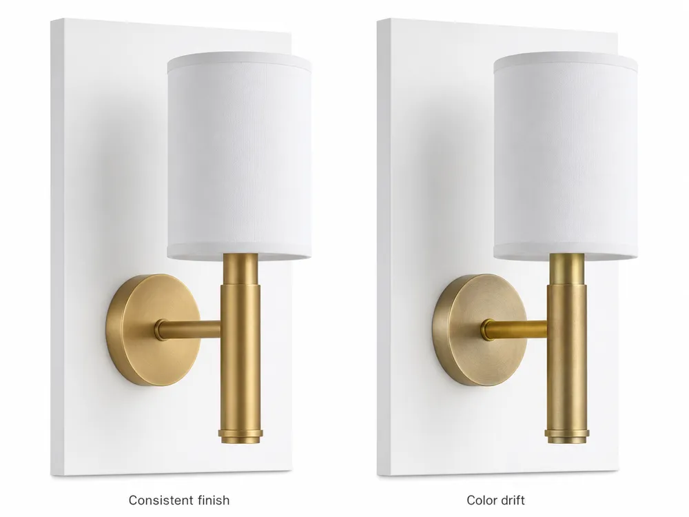 Side-by-side comparison of consistent versus inconsistent fixture finish across a hotel room installation