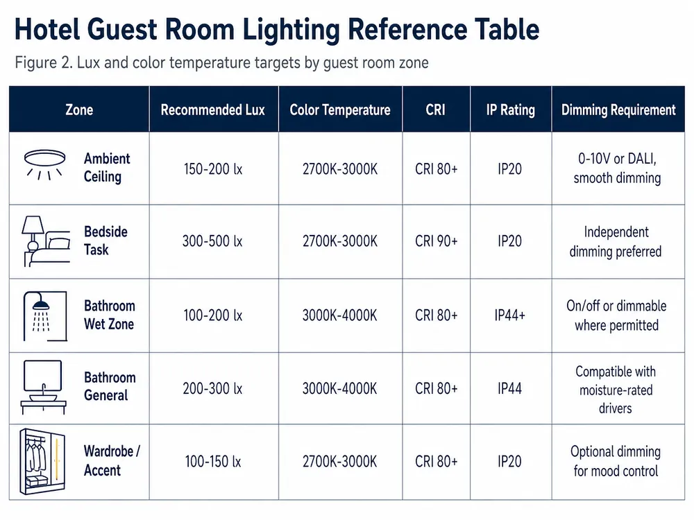 Reference table showing recommended lux levels and color temperatures for hotel guest room lighting zones