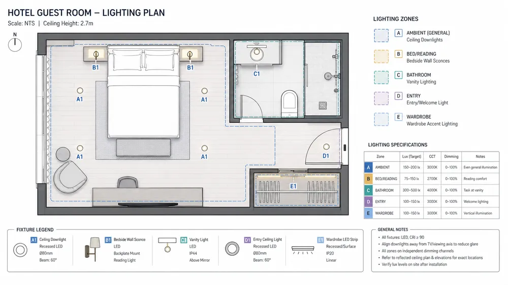 Hotel guest room lighting layout showing ambient, task, and accent zones with labeled fixture positions