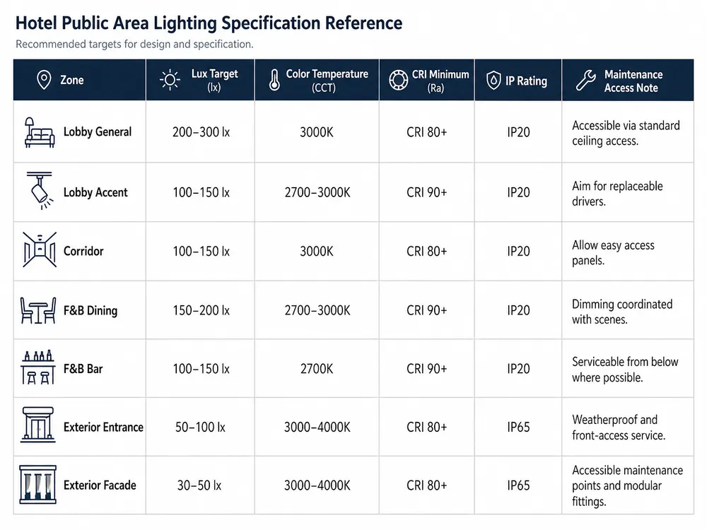 Specification reference table for hotel public area lighting including lobby, corridor, F&B, and exterior zones
