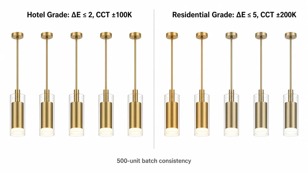 Visual comparison showing finish color and CCT variation in a hotel lighting batch with tight vs loose tolerance control across 500 units