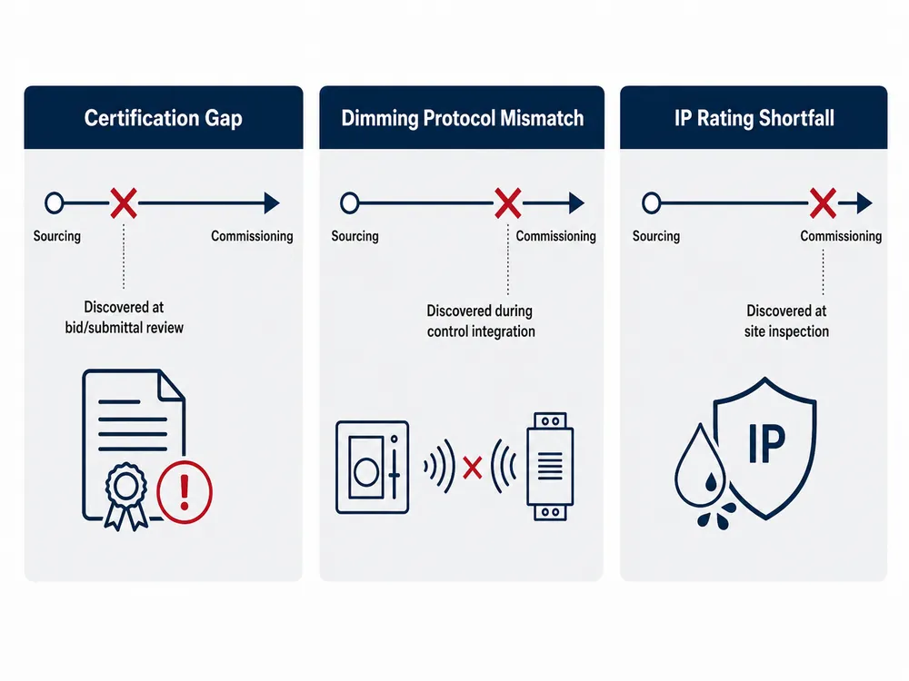 Diagram showing three common compliance failure modes when residential-grade fixtures are specified for hotel projects — certification gaps, dimming protocol mismatch, and IP rating shortfall