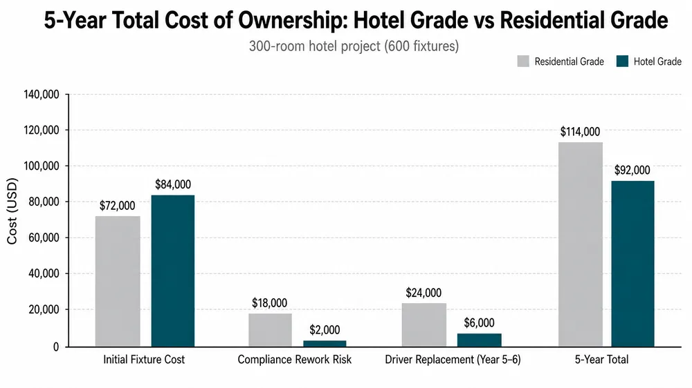 Bar chart comparing five-year total cost of ownership for hotel-grade vs residential-grade lighting fixtures across a 300-room hotel project