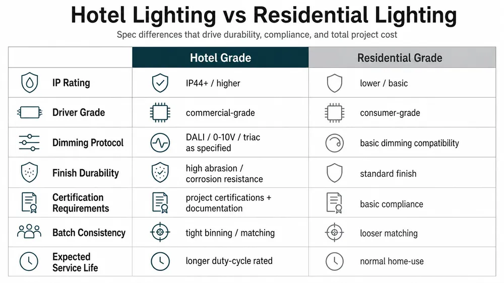 Side-by-side comparison matrix of hotel-grade vs residential-grade lighting fixture specifications across IP rating, driver grade, dimming protocol, finish durability, and certifications