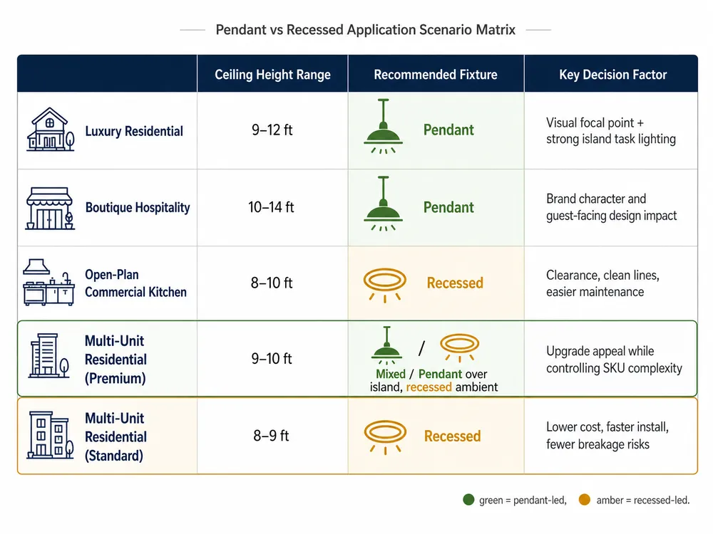 Decision matrix showing which kitchen lighting fixture type wins across different project types and ceiling heights