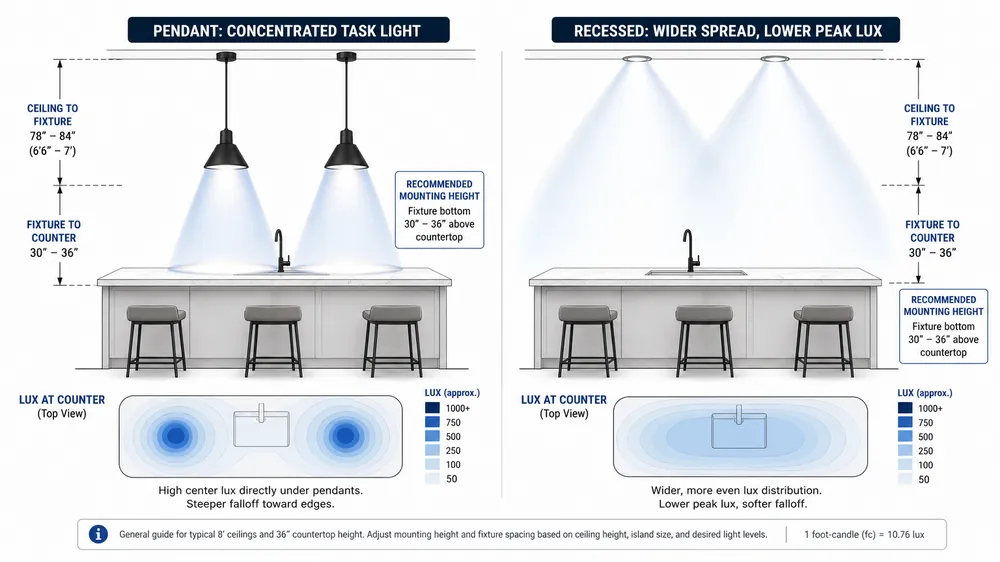 Side-by-side comparison of pendant lighting and recessed downlights installed over a kitchen island showing light distribution patterns