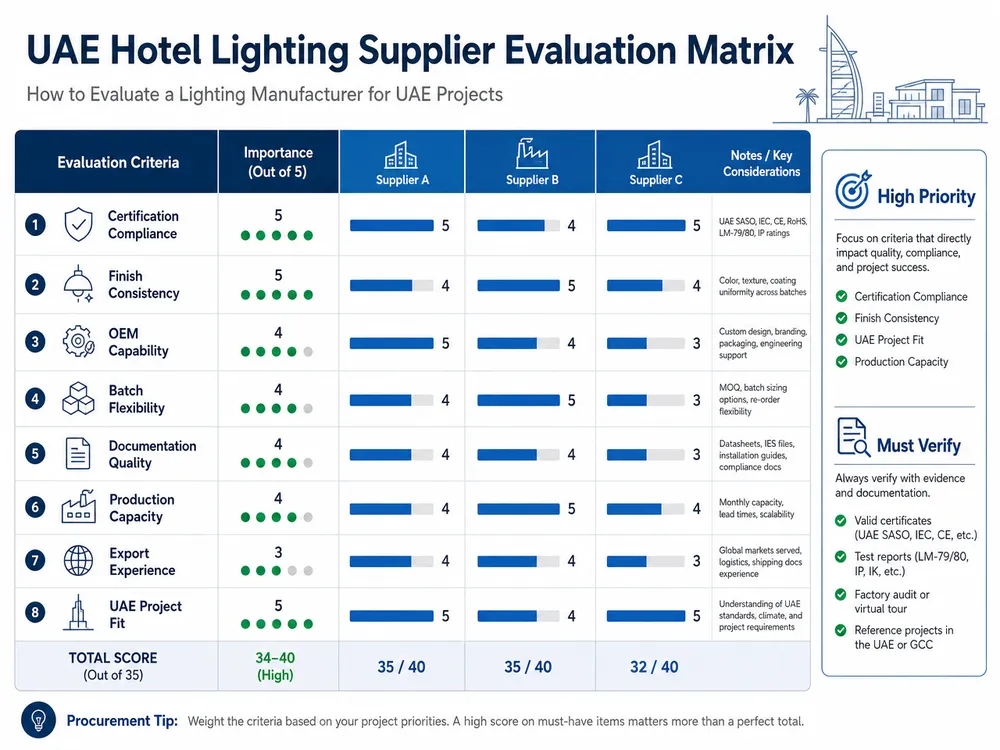 Supplier evaluation matrix for UAE hotel lighting procurement showing criteria weights across certification, finish consistency, OEM capability, and documentation