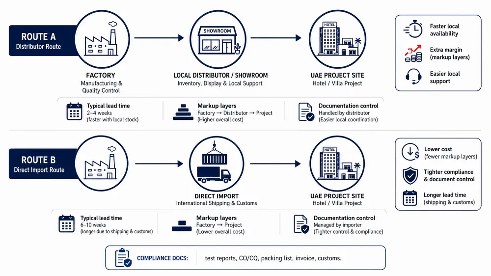 Diagram showing the UAE hotel and villa lighting supply chain from manufacturer to project site, including distributor and factory-direct routes