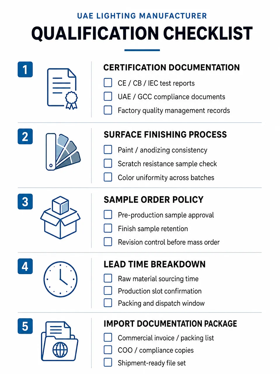 Qualification checklist for verifying a lighting manufacturer for UAE hotel and villa projects covering certification, finishing, documentation, and capacity