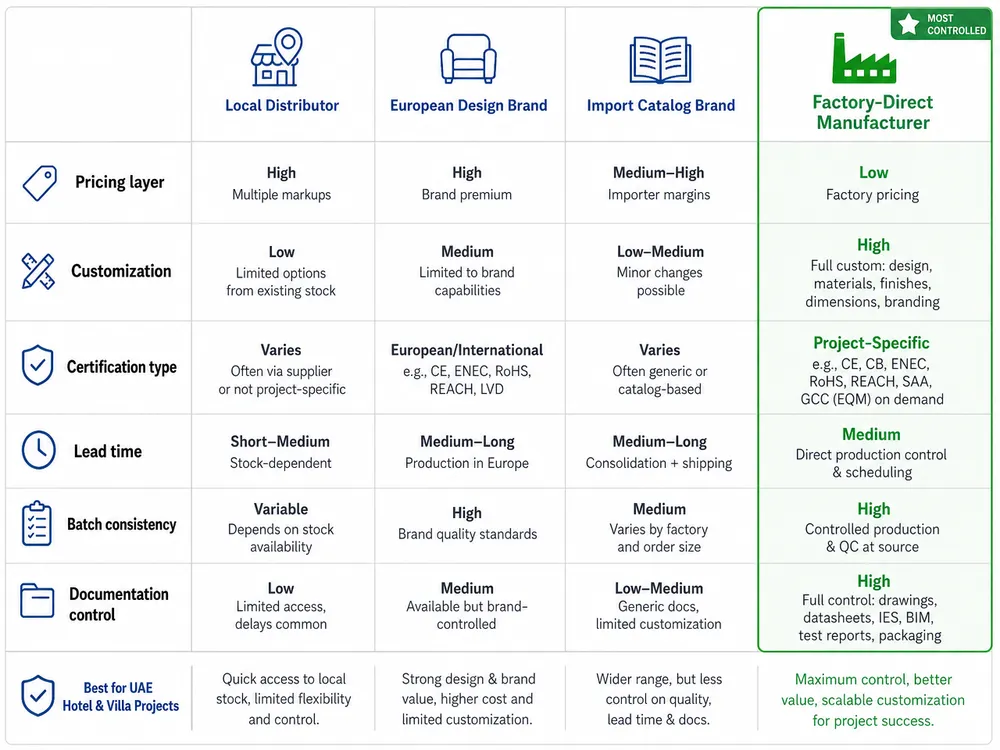 Comparison table of four lighting supplier models for UAE projects showing distributor, European brand, import catalog, and factory-direct characteristics