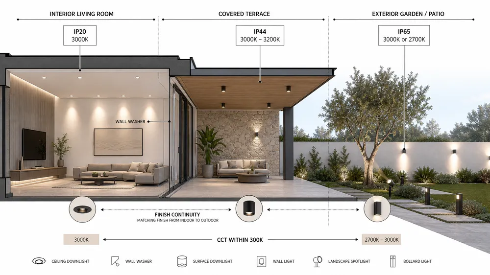Diagram showing lighting fixture specification at the indoor to outdoor boundary of a villa, with IP rating and CCT transition callouts