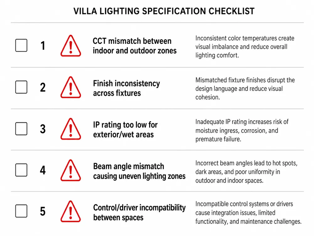 Checklist of common villa lighting specification mistakes including CCT mismatch, finish inconsistency, and IP rating errors