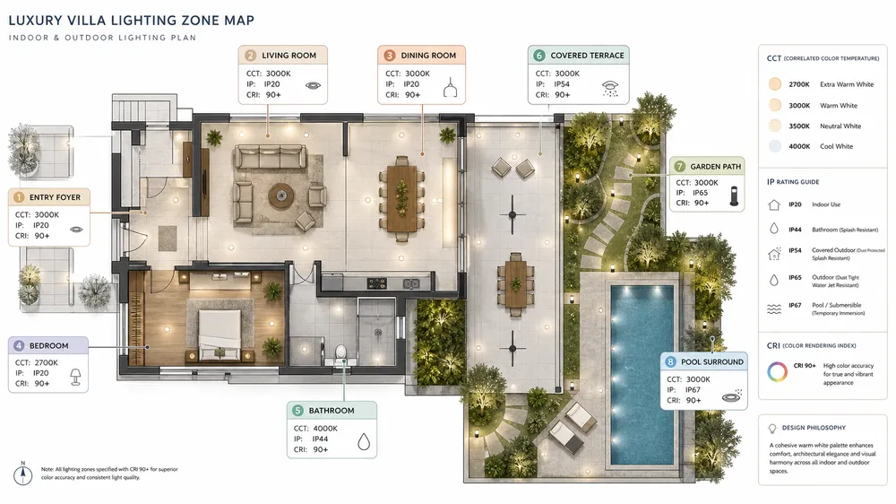 Villa lighting zone map showing indoor and outdoor spaces with CCT and IP rating assignments per zone