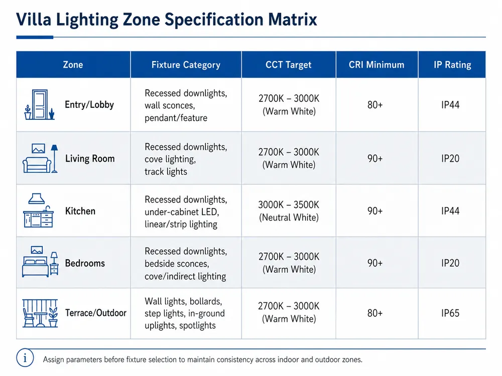Villa lighting specification matrix table showing CCT, CRI, and IP rating requirements per zone