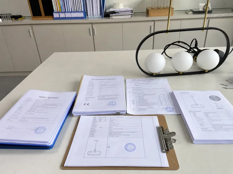 Certification documentation and compliance test reports for dining room lighting fixtures