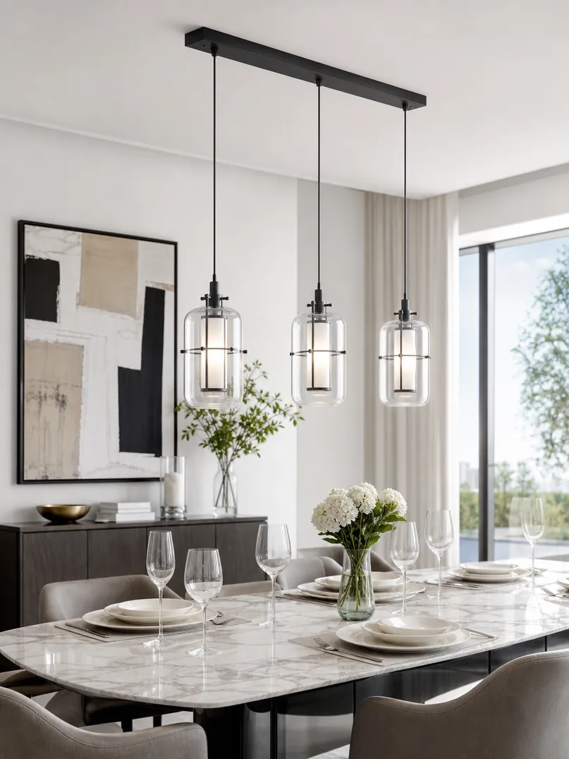Premium dining room pendant lighting over a modern table setting