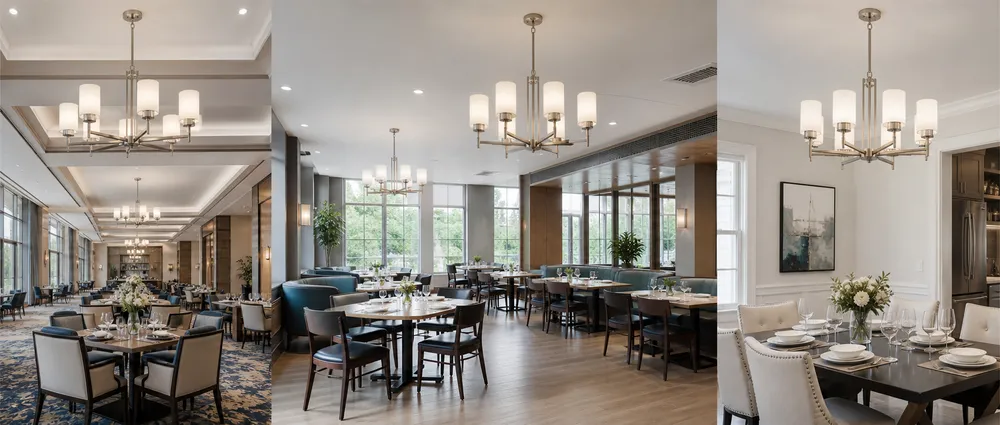 Dining room lighting installed across hospitality and residential projects showing batch consistency