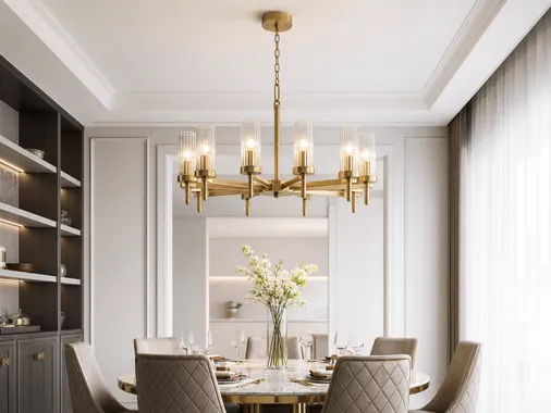Round multi-arm chandelier in brushed gold finish for luxury dining space