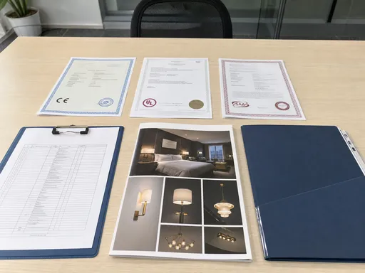 Compliance documentation package including CE, UL, and SAA certificates for hotel lighting exports