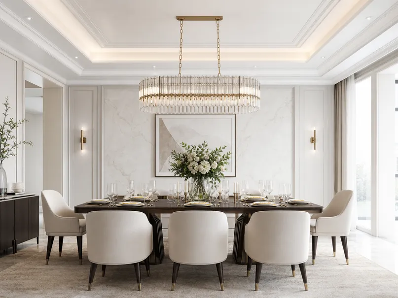 Premium dining room chandelier and pendant lighting over formal dining table