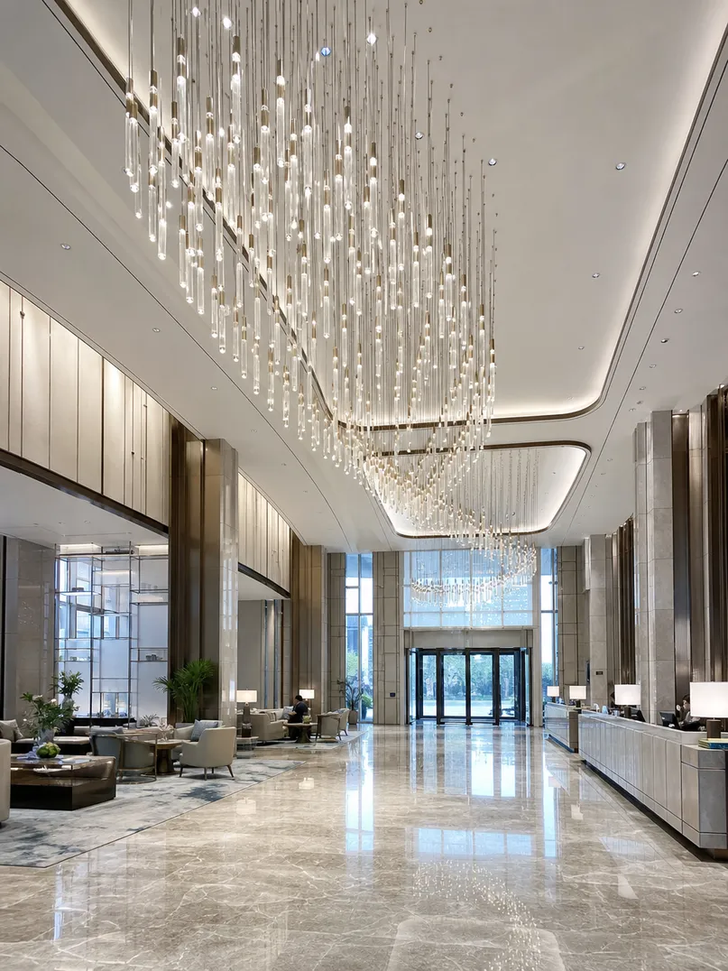 Premium hotel lobby chandelier installation showcasing finish consistency across large-scale lighting projects