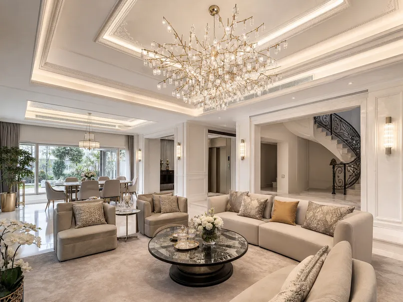 Luxury villa interior with custom chandelier and architectural lighting