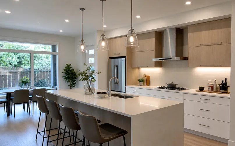 Open-plan kitchen showing layered lighting system with pendants, ceiling fixtures, and task lighting working together