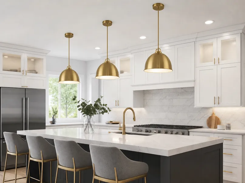 Modern kitchen island with coordinated pendant lighting fixtures in brushed brass finish