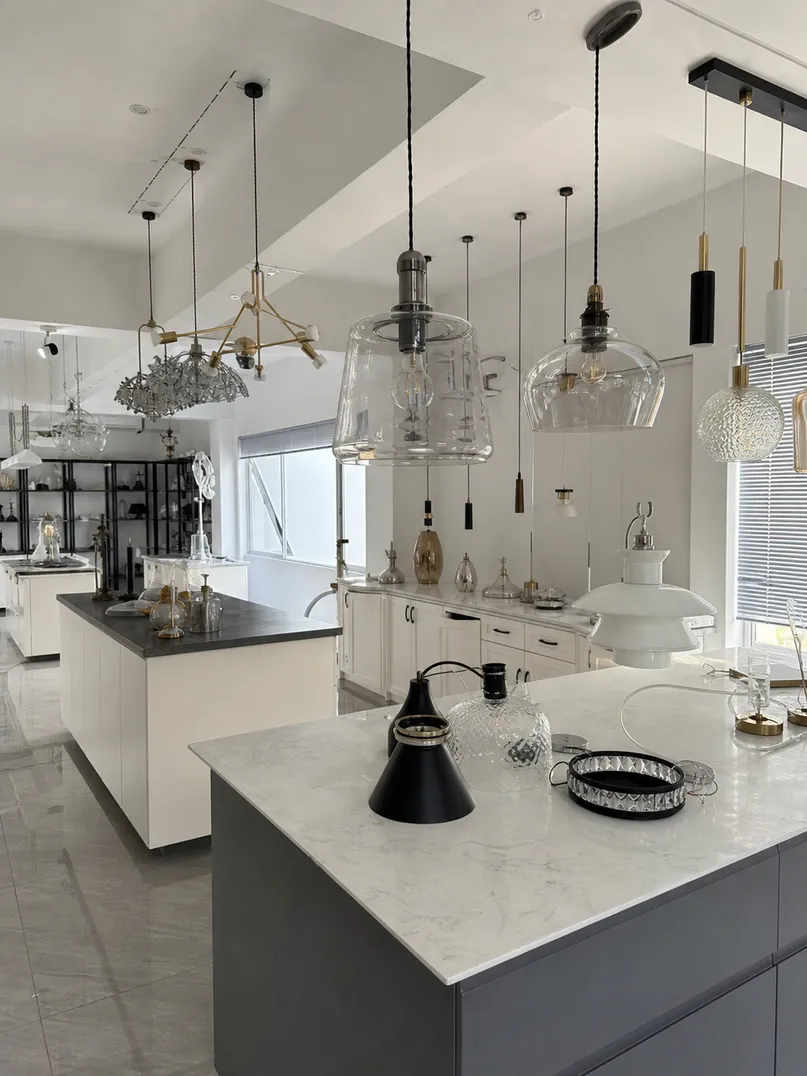 ASCLighting kitchen lighting showroom with pendant and island fixtures on display