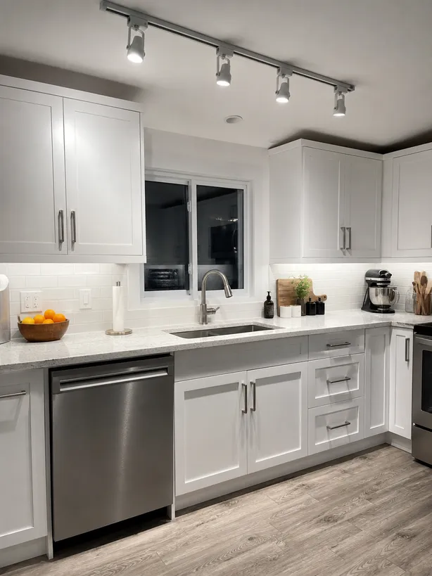 Kitchen countertop task lighting with track-mounted spotlights illuminating prep area