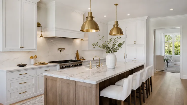 Luxury residential kitchen with coordinated pendant and wall sconce lighting in brushed brass finish