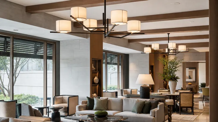 Boutique hotel lobby lounge with custom living room lighting fixtures