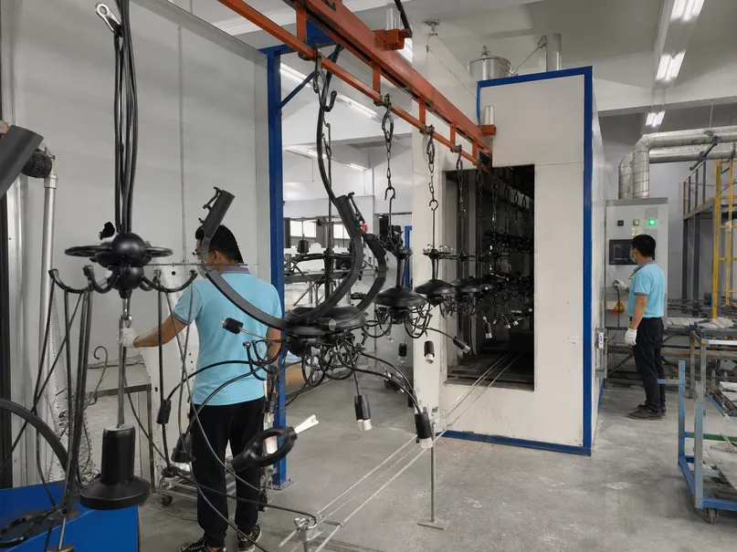 Automated powder coat finishing line for living room lighting fixtures with consistent 60-80μm thickness