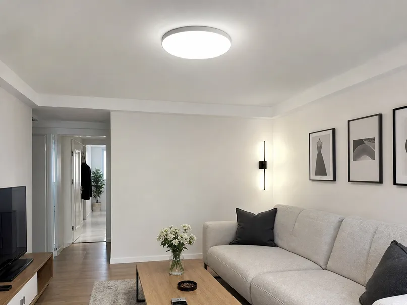 Flush-mount LED ceiling fixture for lower-ceiling living room applications