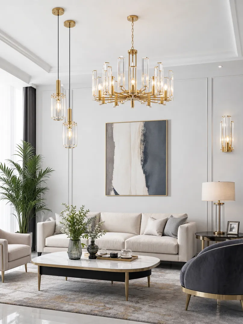 Premium living room lighting collection featuring pendants and chandeliers