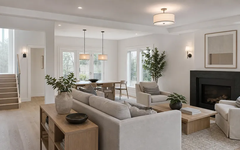 Coordinated living room lighting scheme showing pendants, sconces, and ceiling fixtures