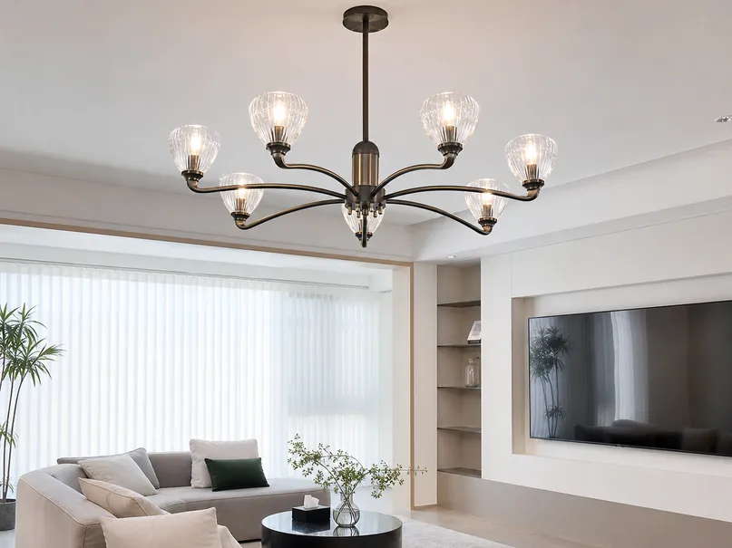 Multi-arm chandelier with die-cast aluminum housing and blown glass shades