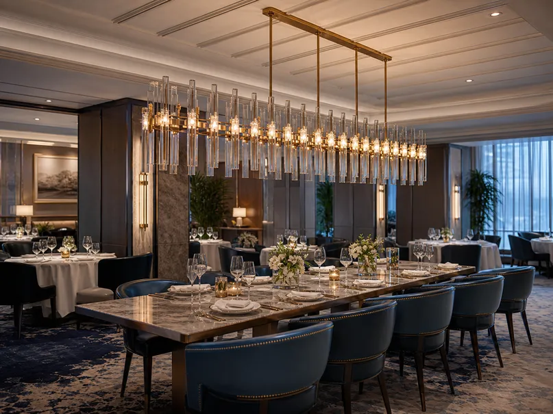 Large-format linear chandelier over a fine dining table