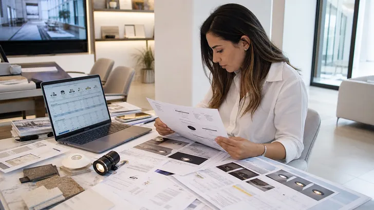 Interior designer reviewing lighting specification documents for villa project