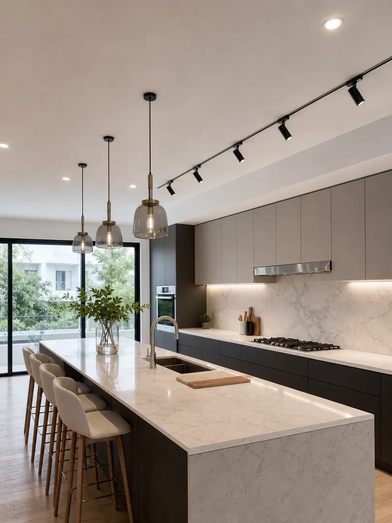 Villa kitchen lighting with island pendants, recessed downlights, and adjustable track lighting system
