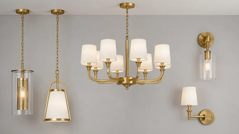 Multiple villa lighting fixture types showing consistent brushed gold finish across chandeliers, pendants, and sconces
